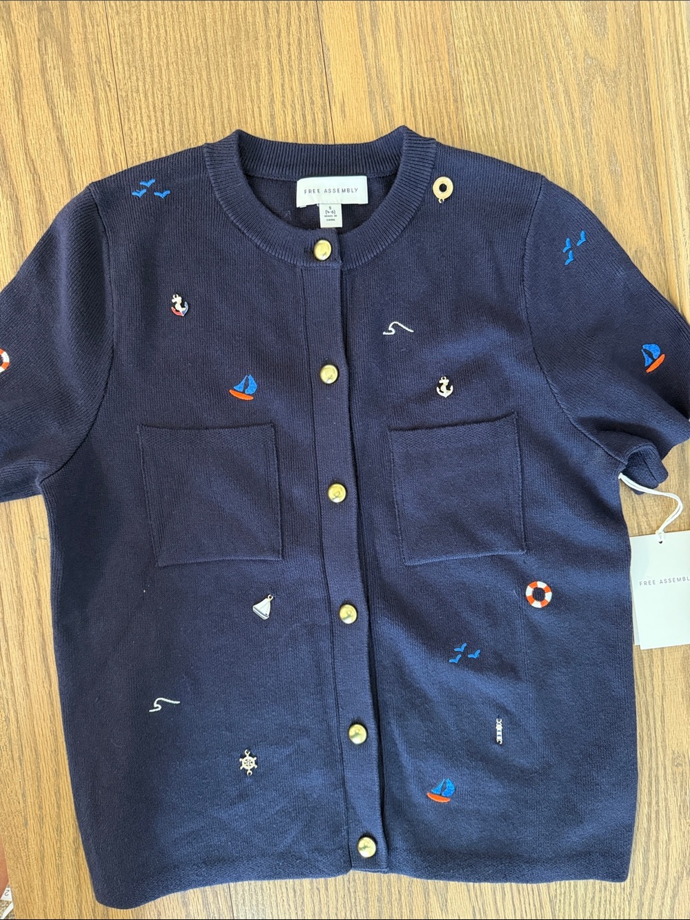 NWT Free Assembly Navy Nautical Print Embroidered Short-Sleeve Button Cardigan